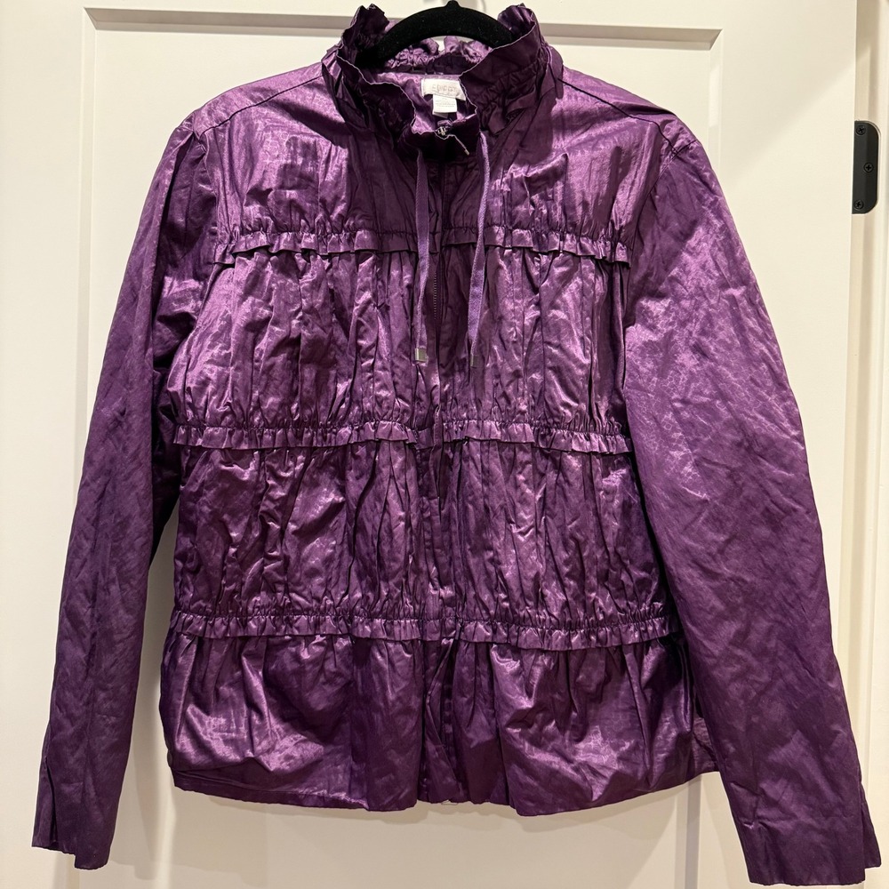 Artsy Maximalist Chico's Purple Metallic Ruffle Jacket Size 2 Large